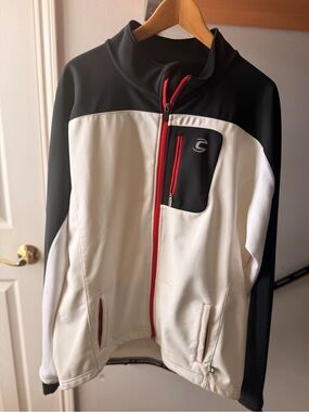 CYCLING Men's Black & White Softshell Jacket with Red Zip Detail